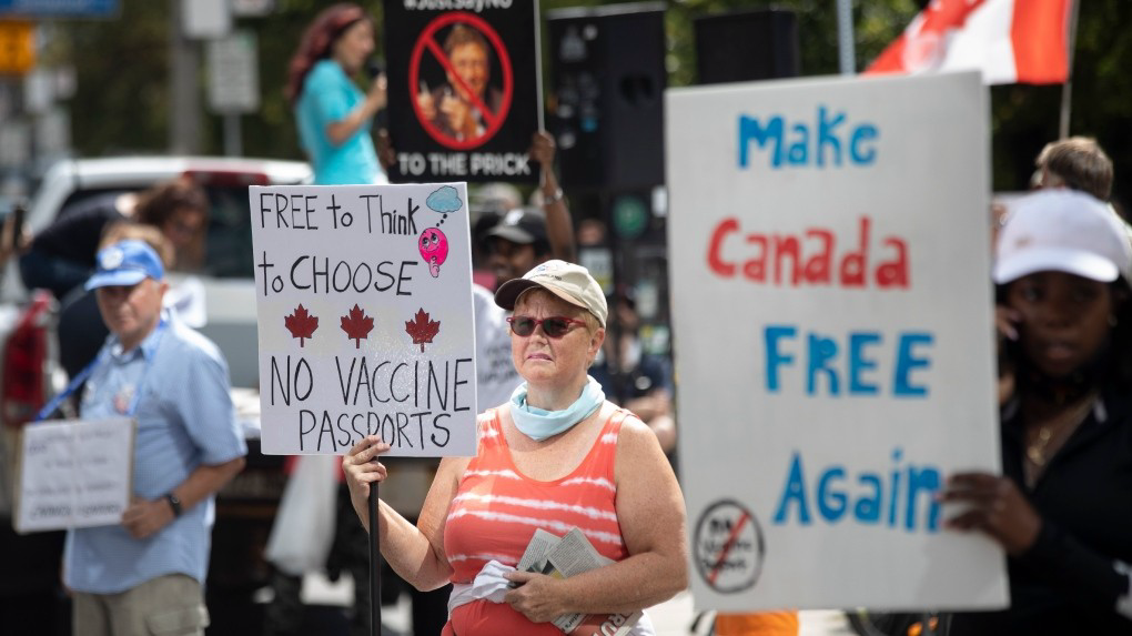 Protesters gather against vaccine mandates at Foothills hospital, in Alberta, Canada